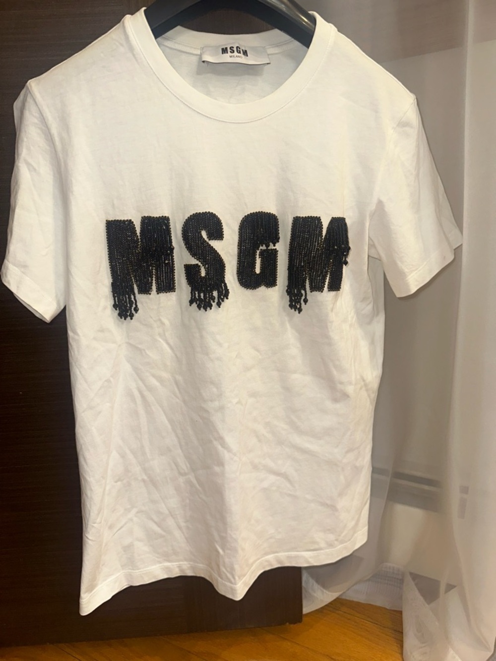 MSGM White Tee with Black Beaded Logo Patch